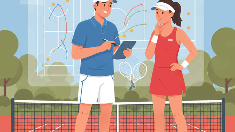 Huấn luyện viên tennis đang phân tích trận đấu trên sân đất nện